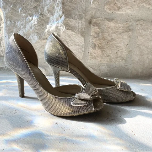 Kelly & Katie Peep Toe Open Side Wedding Gold Silver Sparkle Heels SZ 6 - Picture 8 of 8